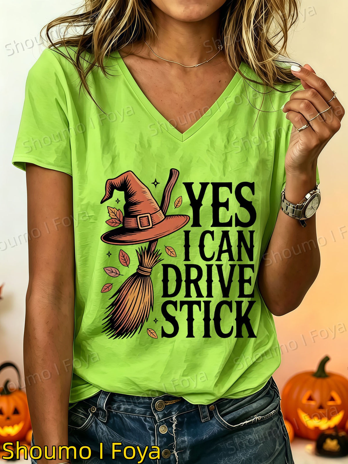 Halloween-themed Printed V-neck Short-sleeve Top, Witch Hat and Broom Print V-neck Short-sleeve Top, Women's Summer Clothing, Women's V-neck Top, Women's - product image 18