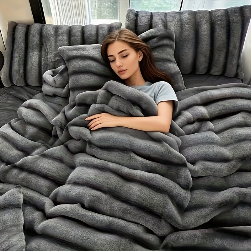 Striped Luxurious Faux Rabbit Fur Throw Blanket Ultra-Soft, Double-sided Blanket, Kids' Blanket, ClassicStripe Pattern, Multi-Color, Travel, Camping, Al - product image