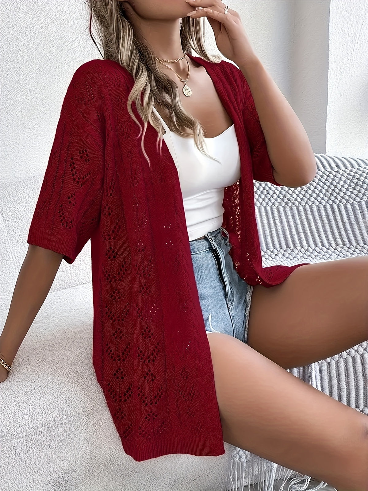 Plus Size, Plus Size Women's Lightweight Lace- Cardigan - Open Front Semi-Sheer Cover-Up with Cut-Out Design, Casual Chic Spring/Summer Beachwear for Vacation - product image 3