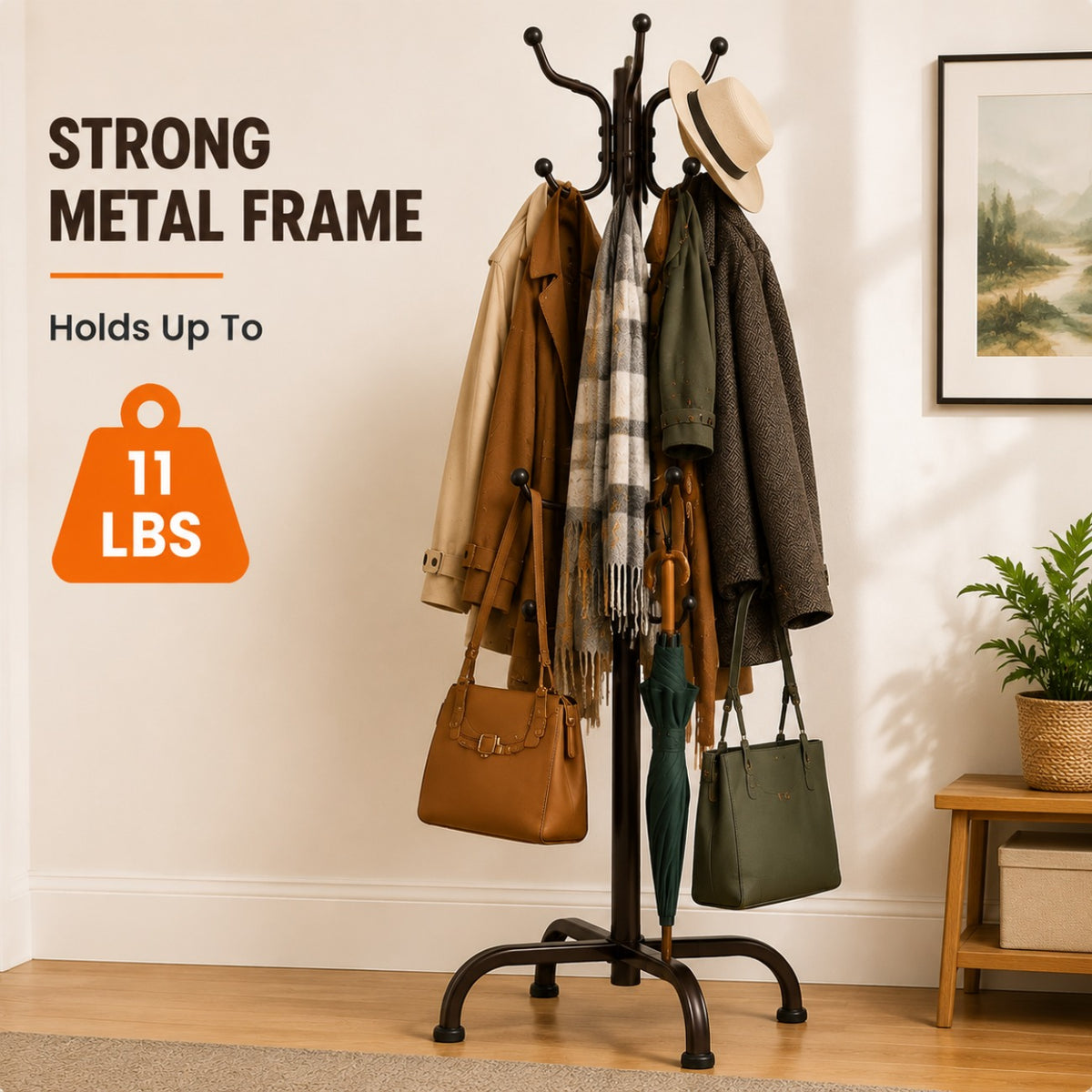 14-Hook Metal Hat Racks--Freestanding Coat Rack with a Total Weight Capacity of 11 Pounds, Suitable for Hallways, Bedrooms and Offices, Sturdy Rack for Hats and Coats