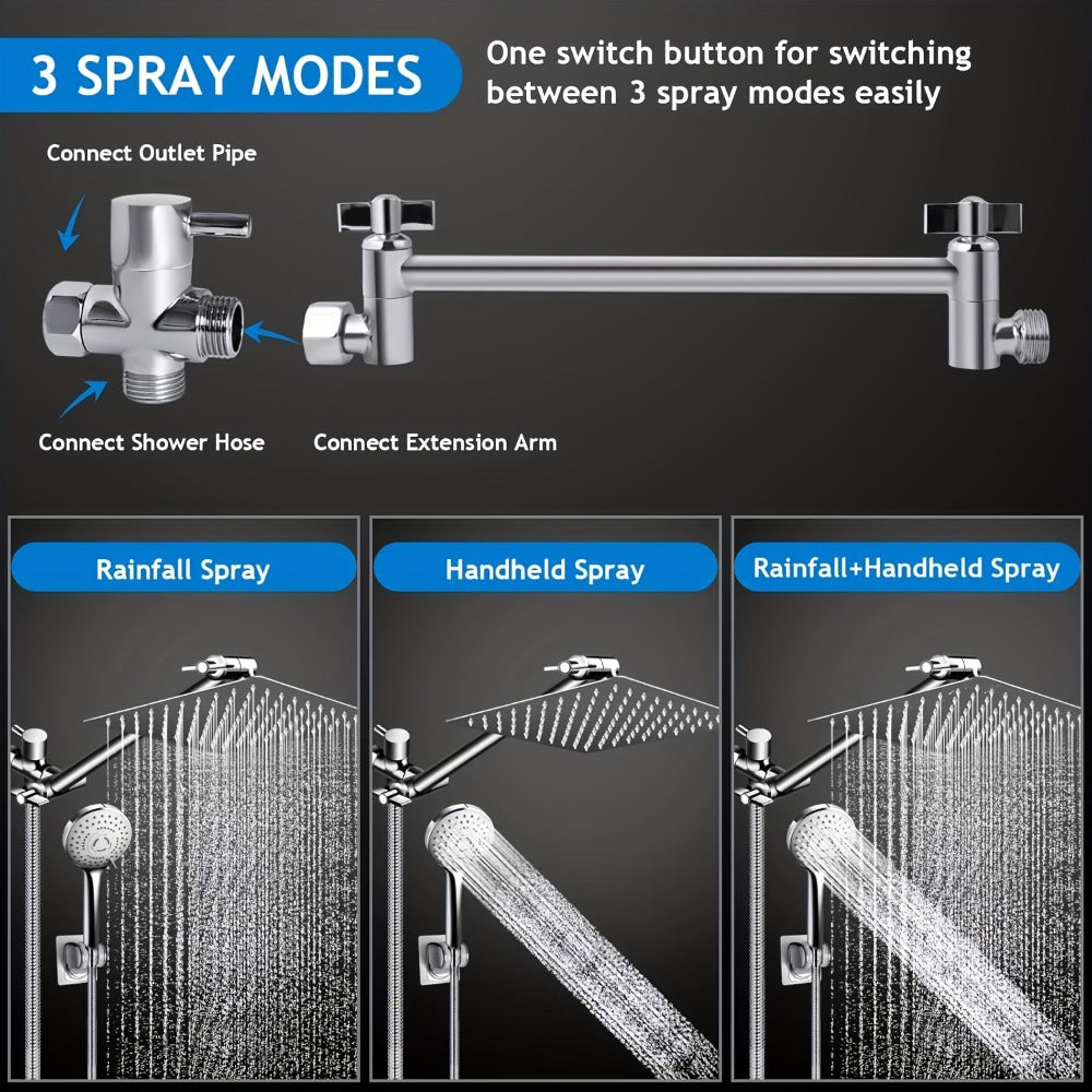 Rain Shower Head with Handheld Spray Combo 8 10 12 Inch High Pressure Rainfall Showerhead Adjustable Arm Wall Mount Chrome Black Bathroom - product image 6