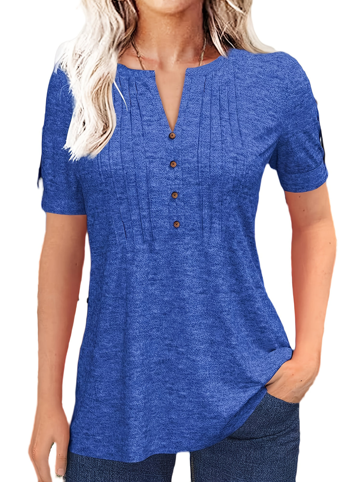 Casual Short-Sleeve T-Shirt for Women, Featuring a Pleated Design and V-Neck in Solid Colors, Perfect for Summer - product image 31