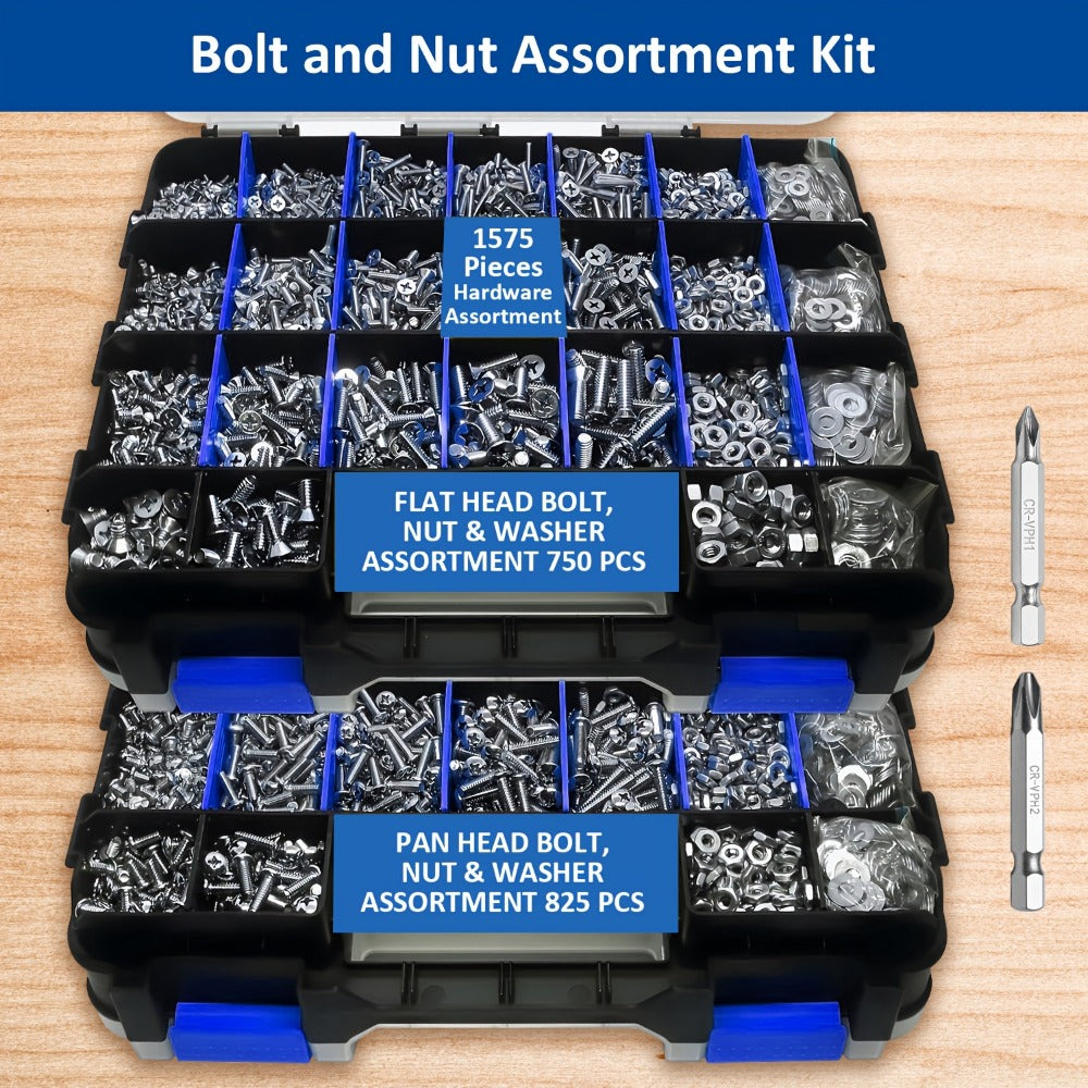 1575pcs 304 Stainless Steel Nuts and Bolts Assortment Kit – Pan Head Flat Head Screws Nuts Washers with Double-Sided Storage Box for Home & Mechanical Repairs - product image 11