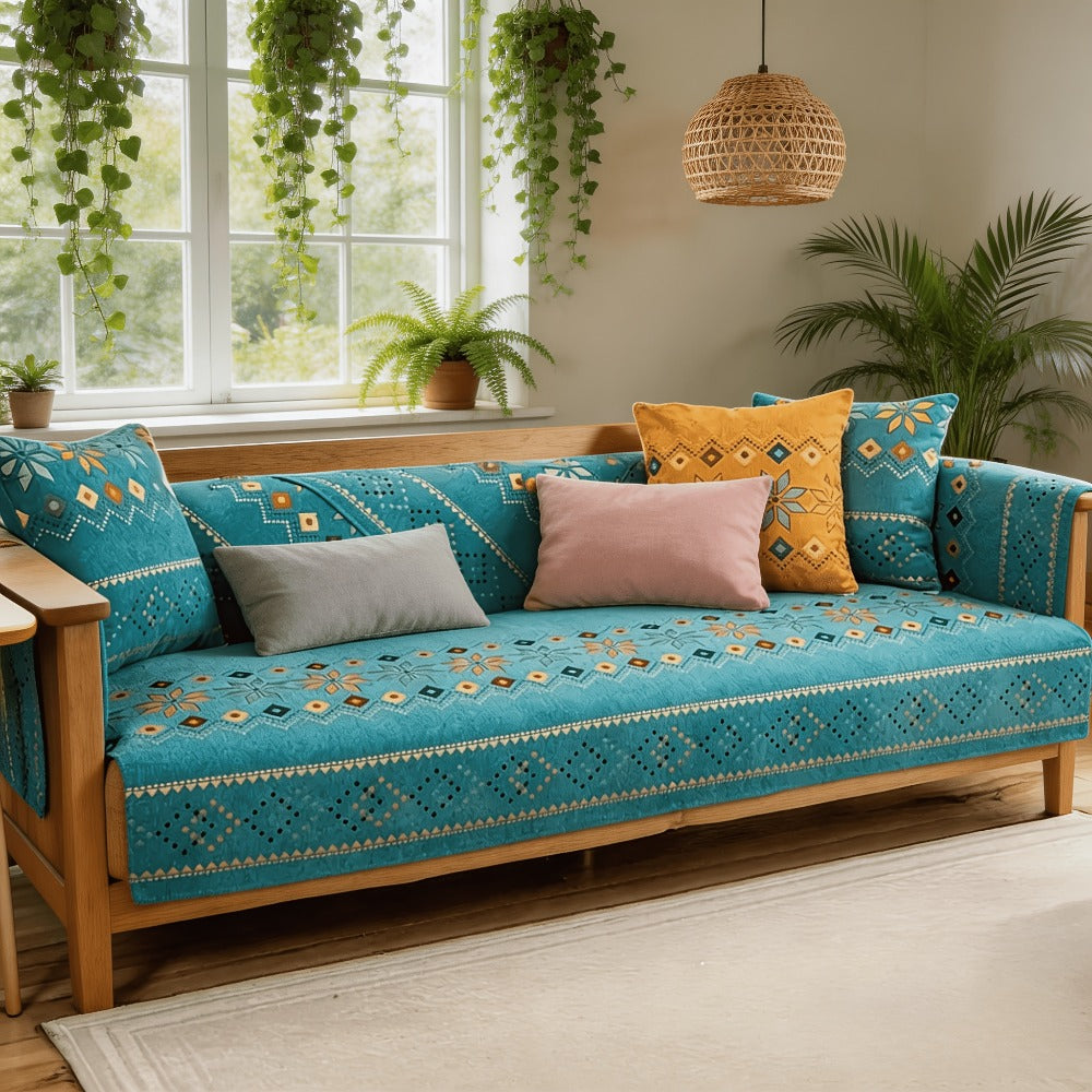Chenille Sofa Cover Bohemian Style 1pc - Ethnic Pattern Anti-Slip Cat Scratch Resistant Skin-Friendly Couch Slipcover | 2 3 4 Seat Sizes White Green | Living Room Bedroom Office So - product image 6