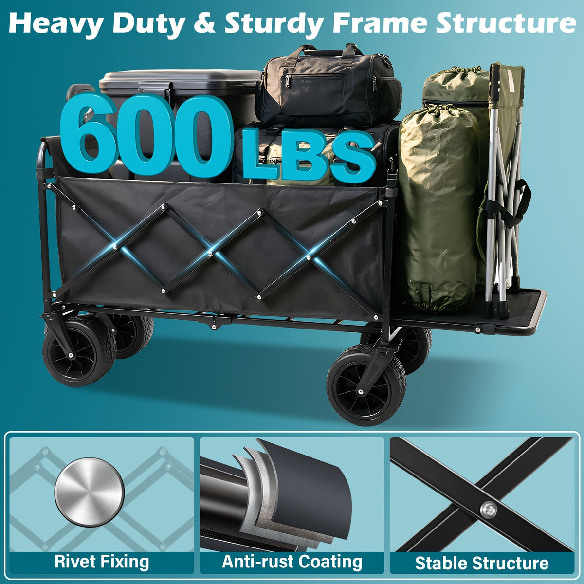 360/ 520/580/600 Lbs Collapsible Wagon Cart with Wheels Foldable - Folding Utility Heavy Duty Wagons Carts for Grocery Sports Garden Shopping Camping - product image 7
