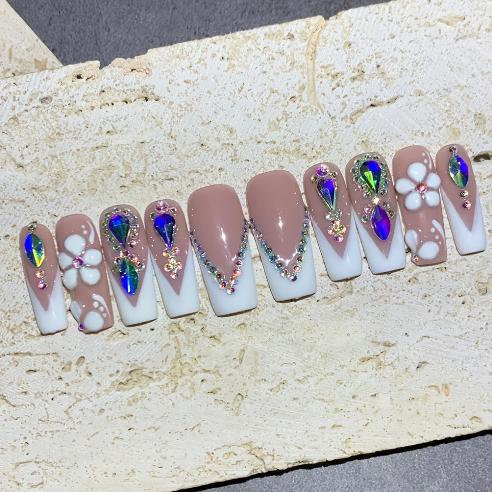 Press On Nails Square French Tip with AB Rhinestone & Handcrafted Floral Design – Nude White Glossy Luxury Nail Set 10pcs S/M/L for Wedding Bridal Party - product image 10