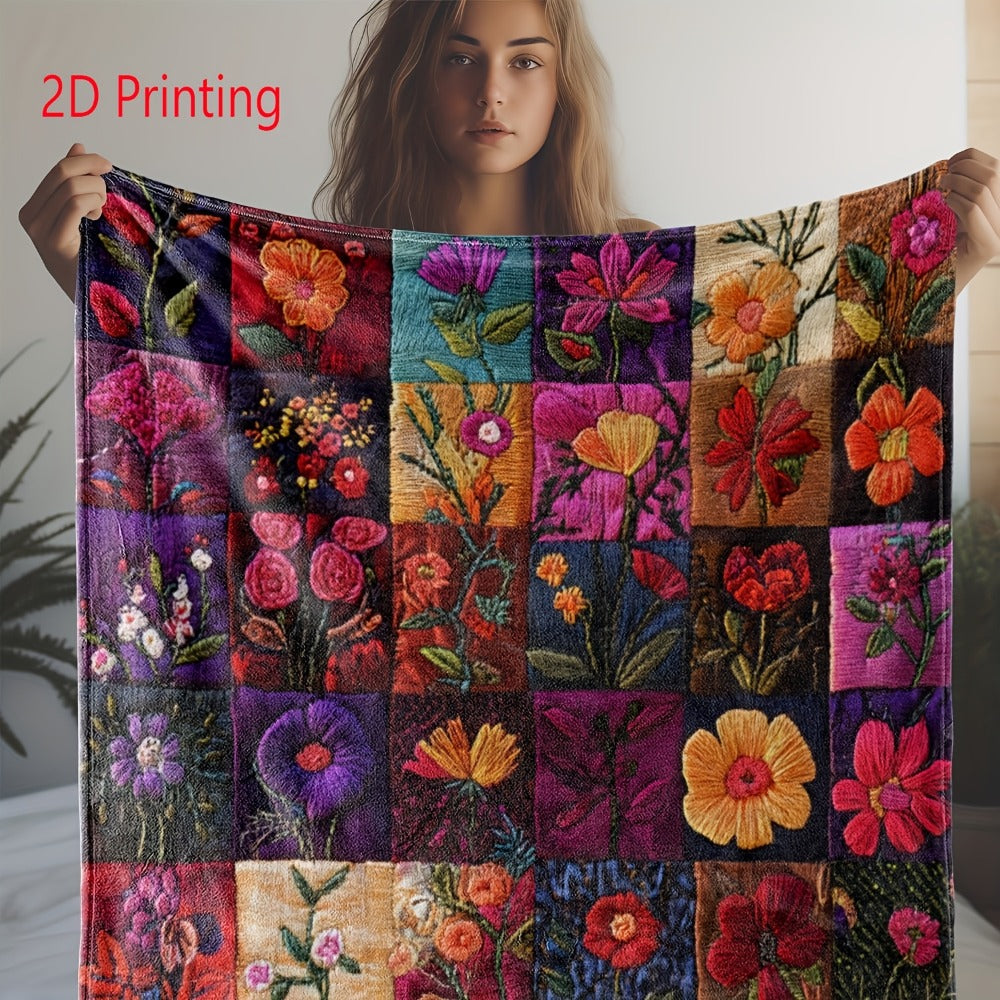 Vintage Green Floral Plaid Flannel Throw Blanket - Soft Warm Cozy 250GSM Retro Style Digital Print for Couch Bed Car Office Camping, All-Season Gift Blanket - product image 3