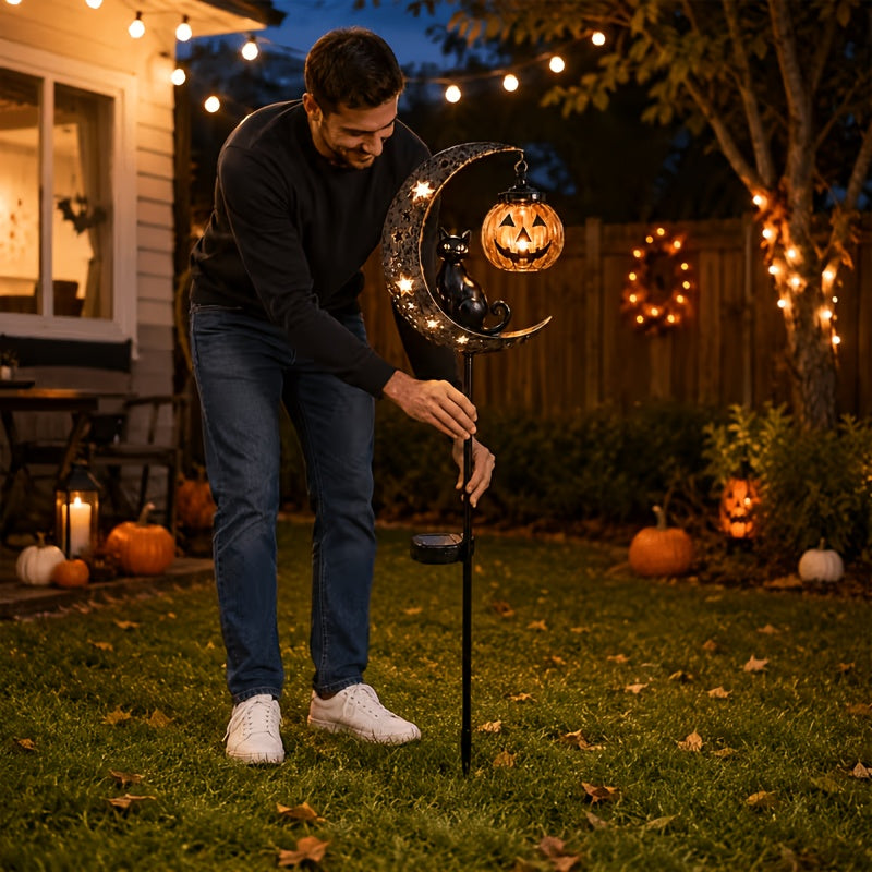 [3D] One Halloween Black Cat and Pumpkin Garden Post, Crescent-shaped Black Cat and Hanging Pumpkin, Outdoor Halloween Garden Decoration for Garden, Courtyard - product image 2
