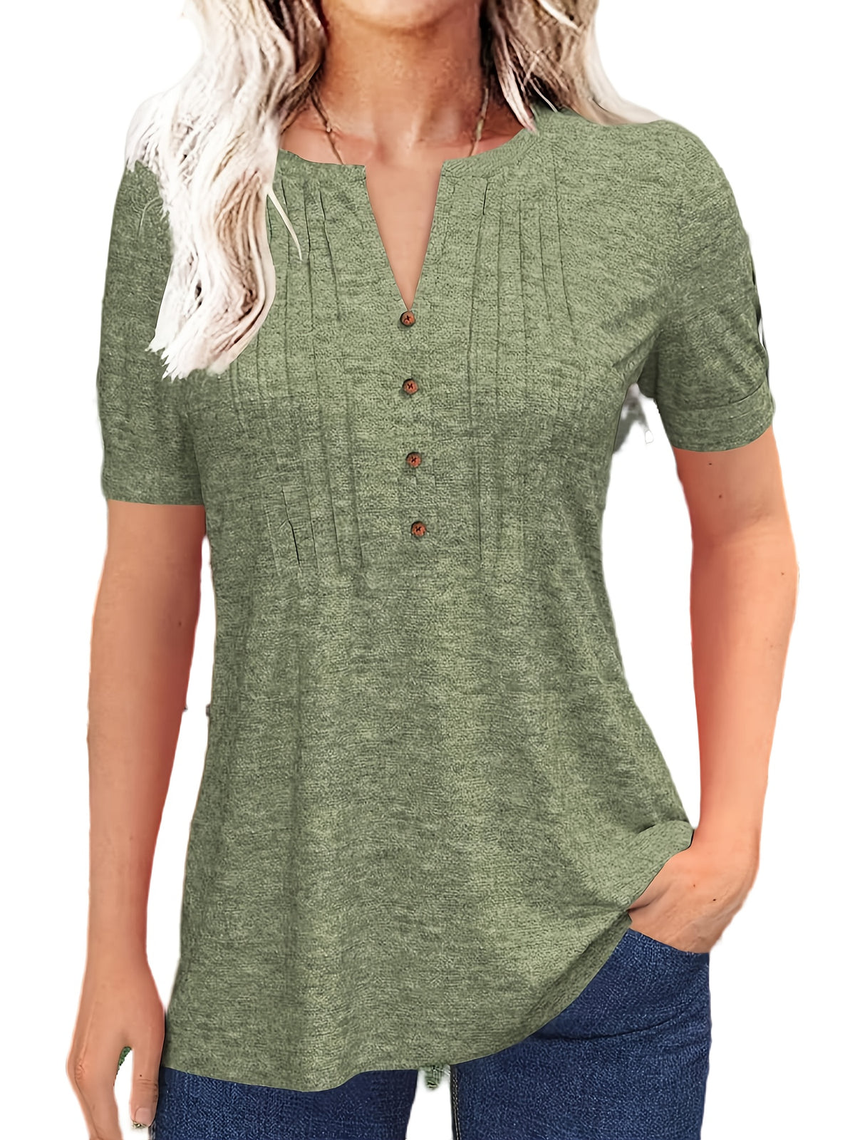 Casual Short-Sleeve T-Shirt for Women, Featuring a Pleated Design and V-Neck in Solid Colors, Perfect for Summer - product image 43