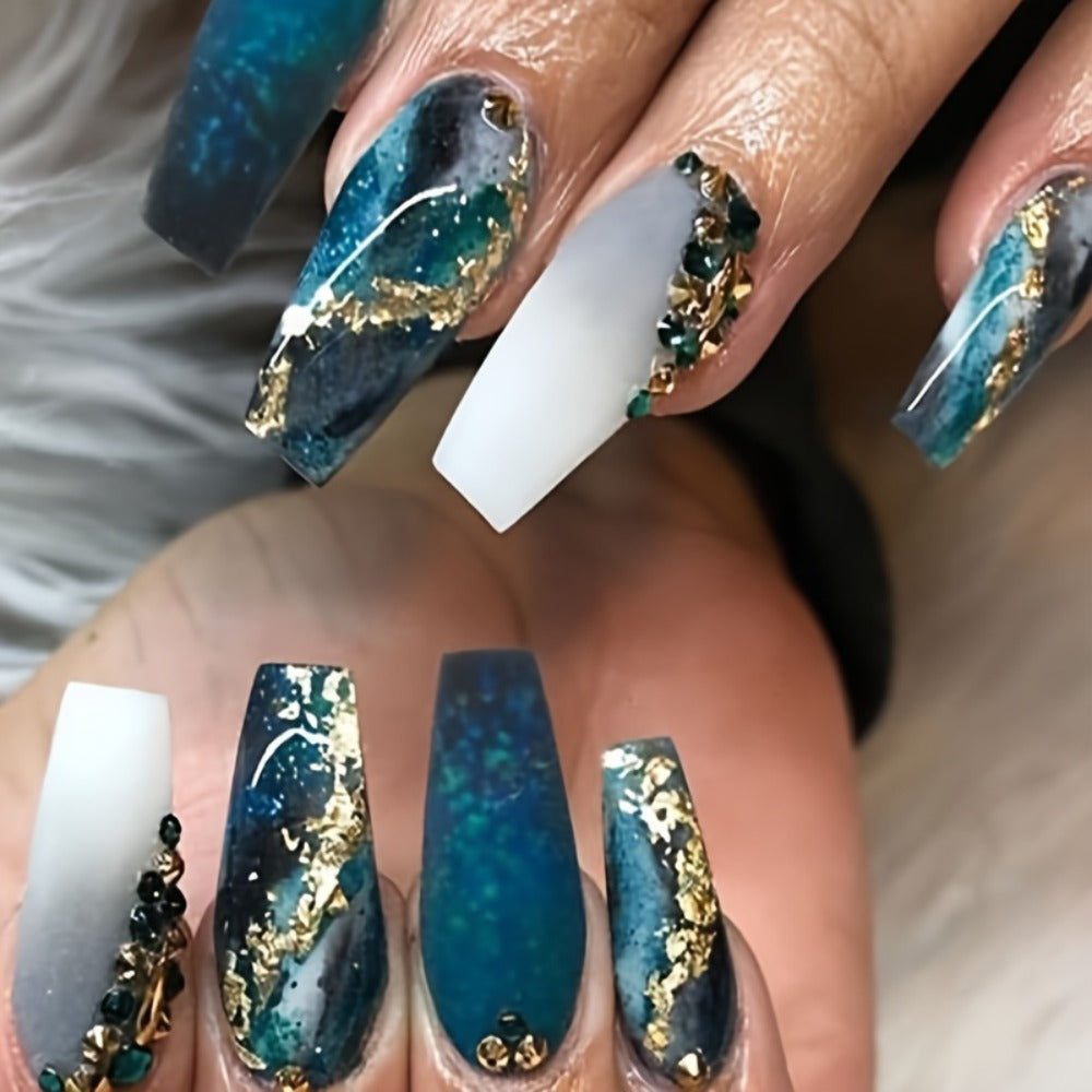 Coffin Nails 144 Pieces 6 Packs Medium Blue Marble Sequins Glossy Press On Nails – Full Cover Acrylic Fake Nails with Nail Glue Included Nude & Blue False Nails for Women Girls - product image 5
