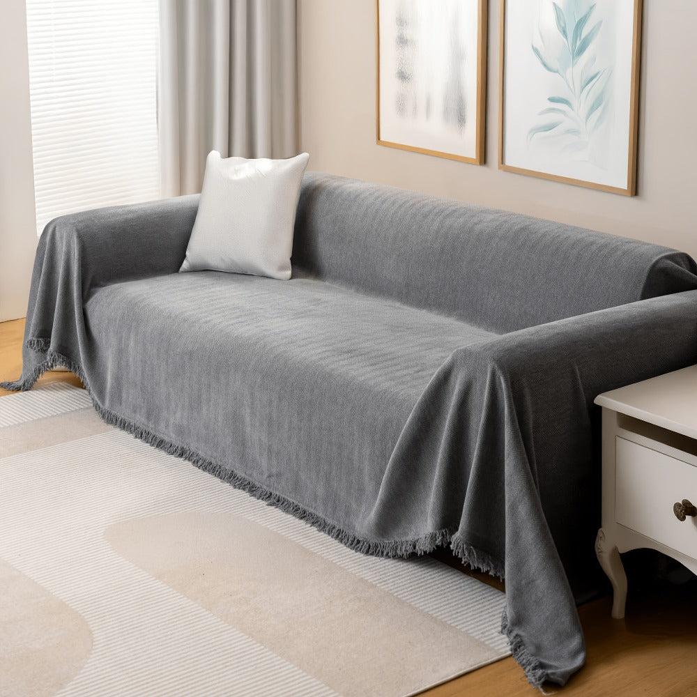 Couch Cover Throw Chenille Fringe Extra Large - Pet Friendly Scratch Proof Non-Slip Washable Polyester Sofa Protector | 3 Seat 71x102in 4 Seat 71x134in | Beige Gray Brown | Living  - product image 2