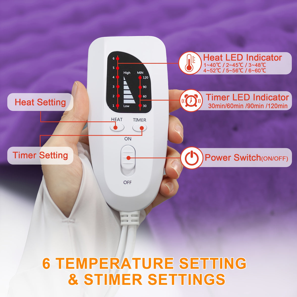 Extra Large Heating Pad - Back, Neck, Shoulders, Arms, Abdomen, Quickly Heated to 140 °F, Portable, 6 Heating Settings, Automatic Shut-Off, 24" X 12", Wet/Dry Options, Machine Washable