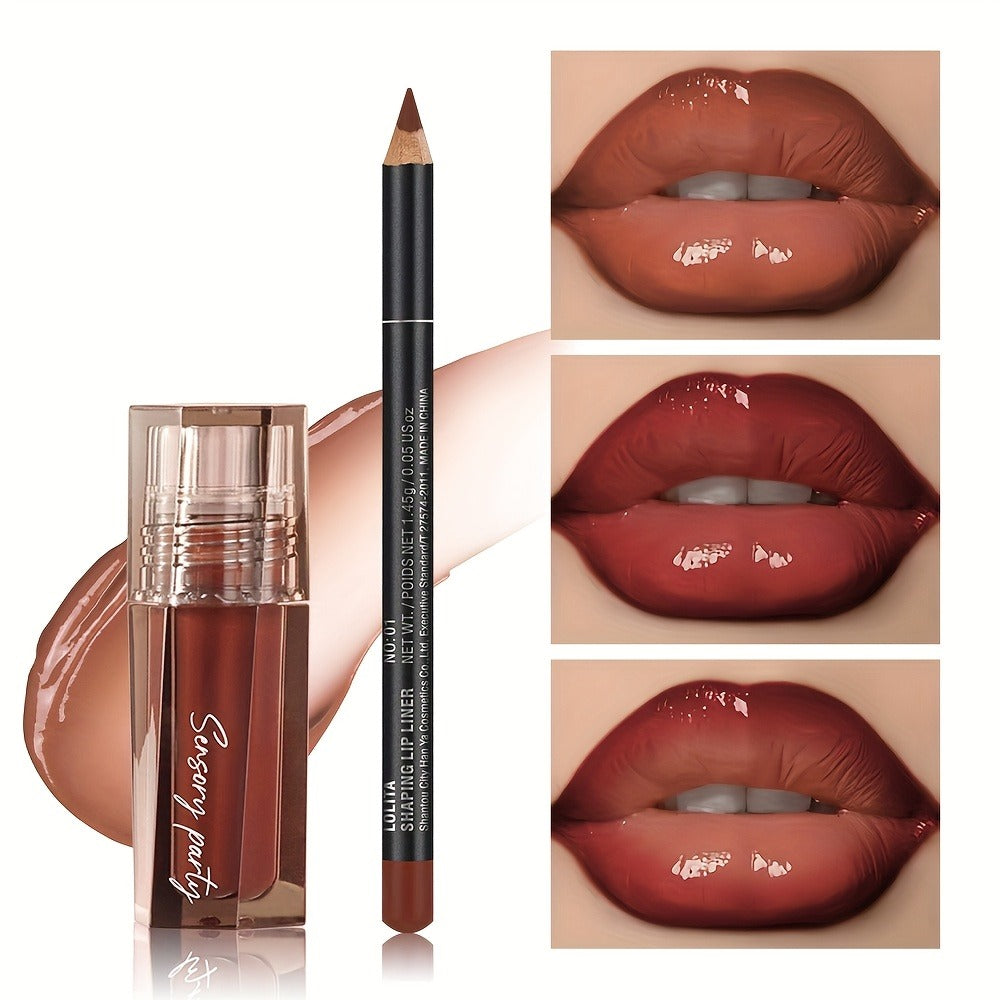 Lip Gloss Lip Liner Set Hydrating Water-Gloss Dewy Finish - 3D Precision Contour Matte Liner Moisturizing Plumping Lip Makeup Duo for Women All Skin Tones Daily Glam - product image
