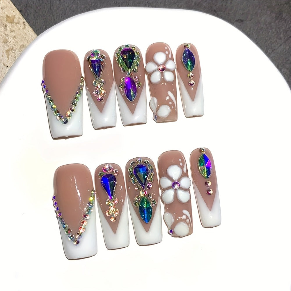 Press On Nails Square French Tip with AB Rhinestone & Handcrafted Floral Design – Nude White Glossy Luxury Nail Set 10pcs S/M/L for Wedding Bridal Party - product image 7