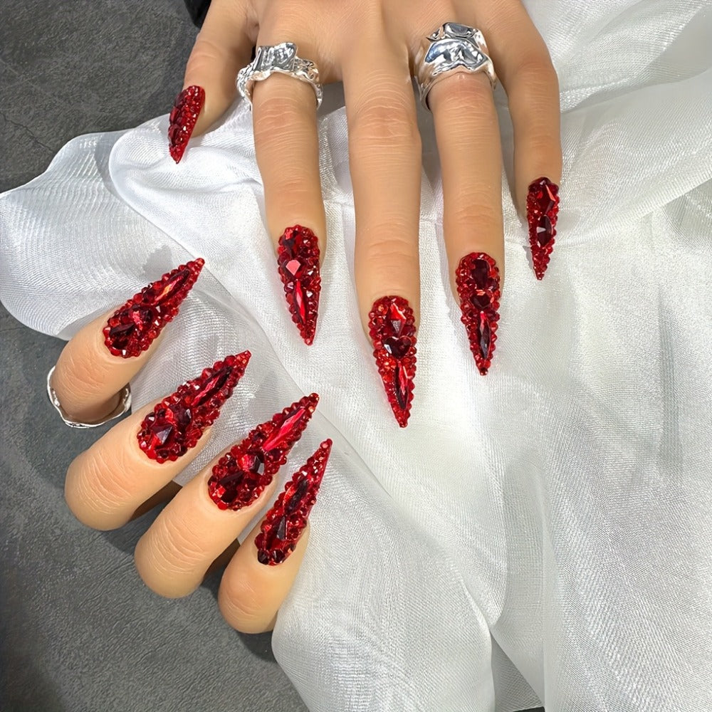 Long Press On Nails Water Drop Shape 10pcs 1.3 Inch Y2K Big Red Glass Glitter Luxury Handmade Reusable Salon Quality Spring Summer Wedding Party Birthday Gift Fake Nails S M L Size - product image 2