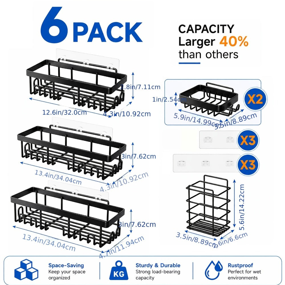 Shower Caddy Organizer Set 6 Piece No Drilling - Adhesive Wall Mounted Bathroom Storage Rack 13 Inch Toilet Paper Holder Soap Dish Toothbrush Holder Shower Shelf | Black | Kitchen  - product image 11