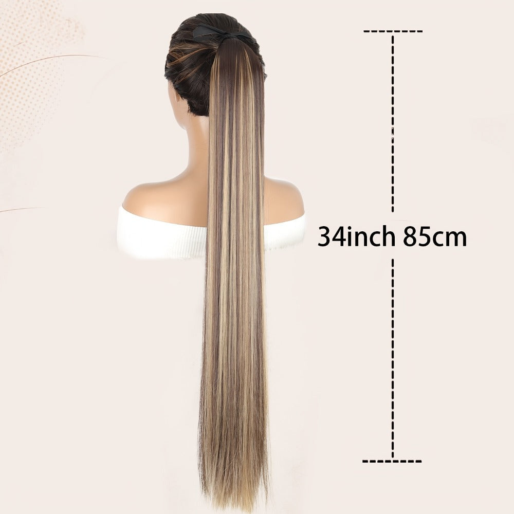 34 Inch Straight Ponytail Extension Ribbon Wrap – Long Sleek High Temperature Fiber Hairpiece for Women | Instant Wrap On Ponytail | Daily Wear Party Wedding | Brown Linen Champagn - product image 5