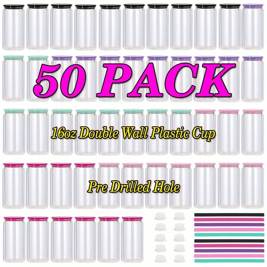 Clear Plastic Snow Globe Tumblers 16oz Double Wall Bulk Set 25 or 50 Cups Pre-Drilled Hole Colored Lid Straw for Iced Coffee Boba Soda Party DIY Customization - product image 5