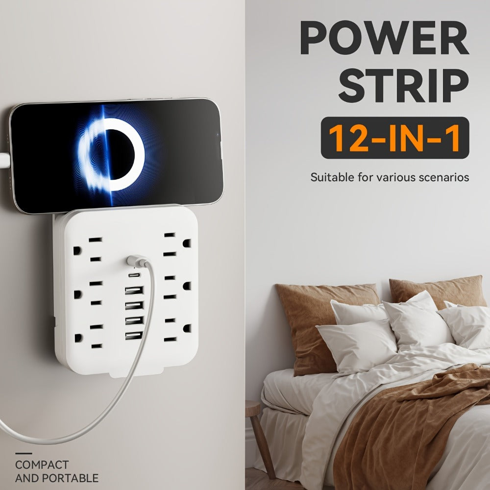 Wall Power Strip 12-in-1 with 6 AC Outlets & 6 USB Ports (2 USB-C) – Compact Space-Saving Plug, 110-130V US Plug for Home & Office – White & Black - product image 8