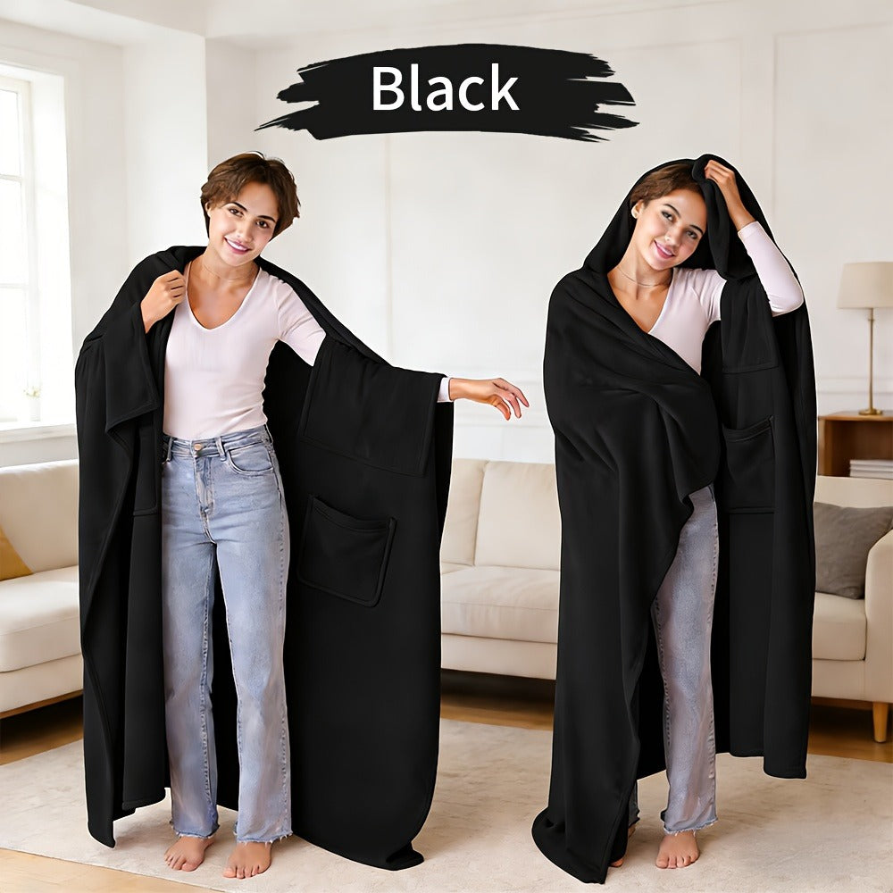 Wearable Blanket Shawl with Inner Pocket - Soft Flannel One-Piece Wrap for Adults Women Men, Cozy Sofa Travel Blanket Machine Washable, Grey Dark Blue Black - product image 7