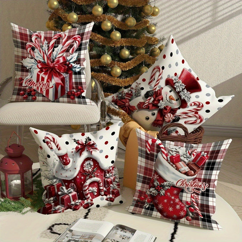 Christmas Throw Pillow Covers 4pcs Set - Snowman Candy Cane Buffalo Plaid Polyester 18x18in Decorative Cushion Covers with Zipper for Holiday Winter Living Room Bedroom Sofa Bed De - product image 4