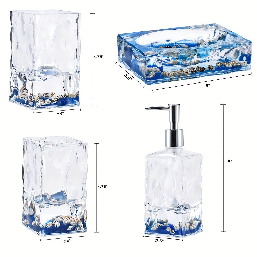 Bathroom Accessory Set 4-Piece 3D Floating Motion Acrylic Liquid Vanity Kit - Tumbler, Toothbrush Holder, Soap Dispenser & Soap Dish, Handcrafted Shell & Leaf Decor, Ocean Dolphin  - product image 4
