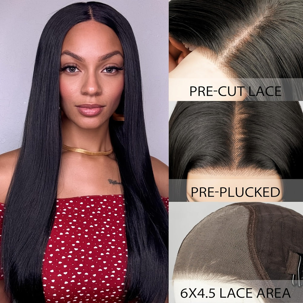 Put On and Go Wig 6x4.5 HD Lace Human Hair Straight 250% Density Glueless Pre-Plucked Pre-Cut Pre-Bleached Knots Long Straight Wig for Women 22-36 Inch Natural Black - product image 15