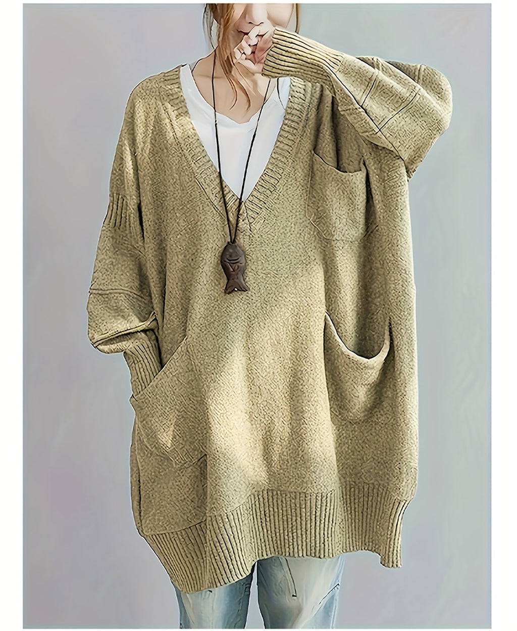Plus Size, Women's Plus Size Oversized V-Neck Longline Sweater - Soft Machine-Washable Black Pullover for Fall Winter, Elegant Loose Fit Casual Chic Wardrobe - product image 18