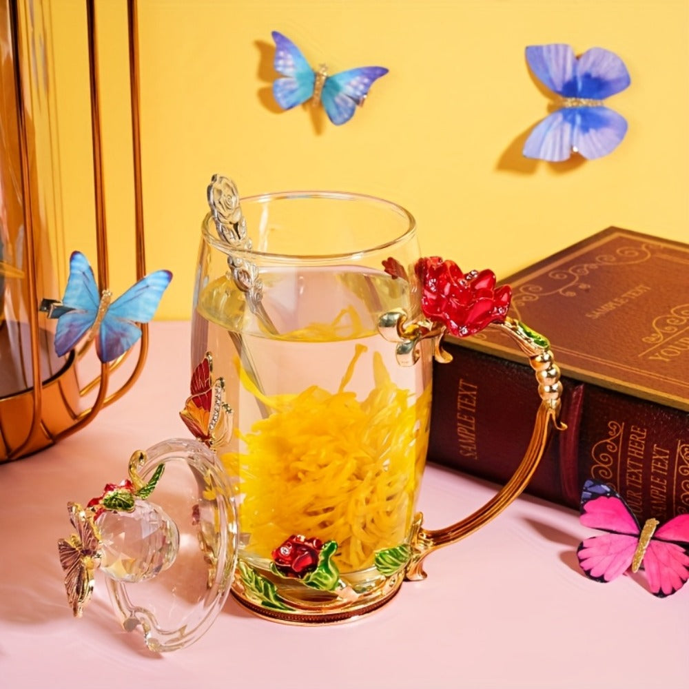 Flower Glass Tea Cups with Lids and Spoon 4 Sets Butterfly Vintage Floral Clear Glass Coffee Mugs 12oz Gift for Women Mom Wife Girlfriend Mother's Day Pink Purple Blue Red - product image 2