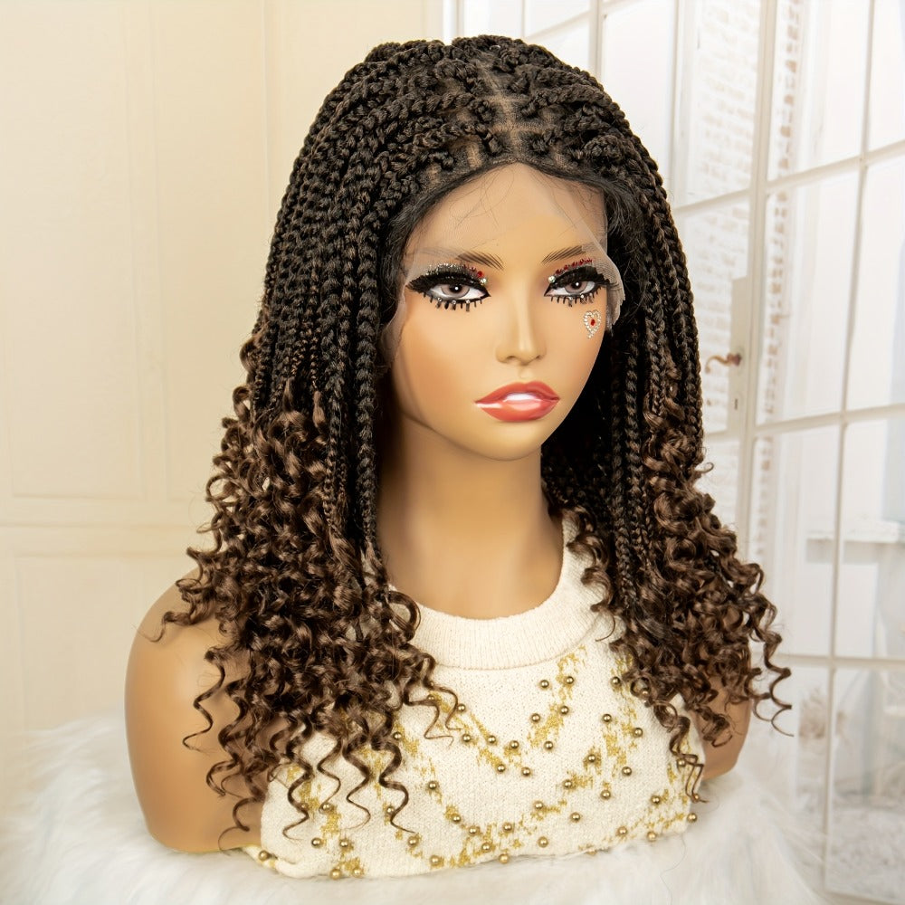 Goddess Braided Wig Knotless Bohemian Square Braid Full Lace Curly Wave 14-16 Inch Black Burgundy Brown Natural Hairline Protective Style Synthetic Wig for Women - product image 10