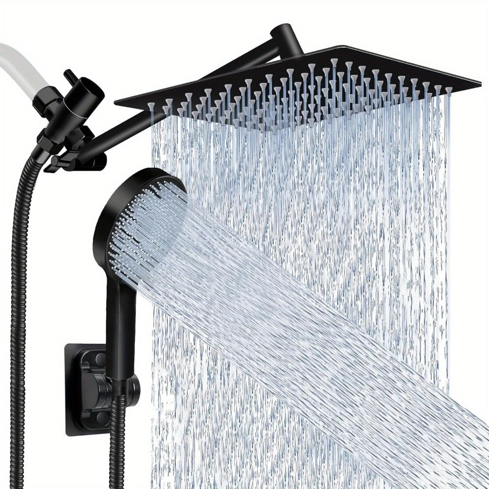 High Pressure Rainfall Handheld Shower Head Combo, 11-Inch Extension Arm, 9 Settings, 180° Adjustable, Anti-Leak with Holder, Chrome & Matte Black, 8/10/12 Inch - product image