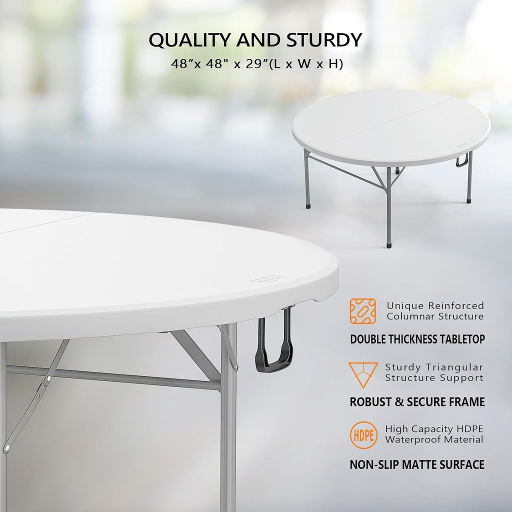 Round Folding Table 48" / 60" Bi-Fold HDPE 1.75" Thick Top Rust-Resistant Steel Frame for Wedding, Party & Commercial Events — 1, 2 or 4 Pack - product image 9