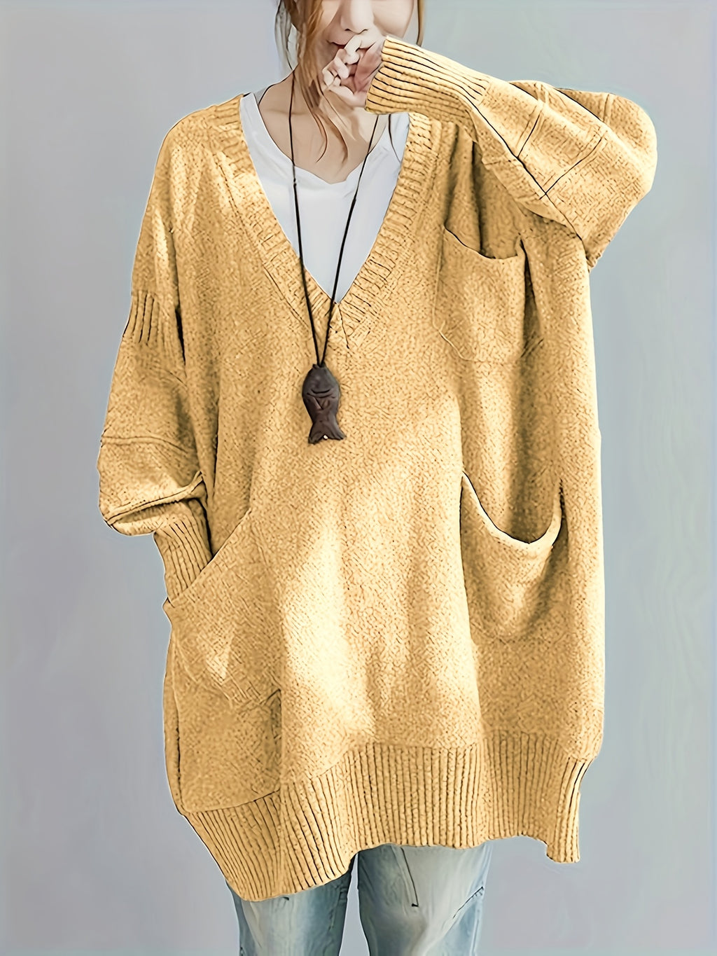 Plus Size, Women's Plus Size Oversized V-Neck Longline Sweater - Soft Machine-Washable Black Pullover for Fall Winter, Elegant Loose Fit Casual Chic Wardrobe - product image 3