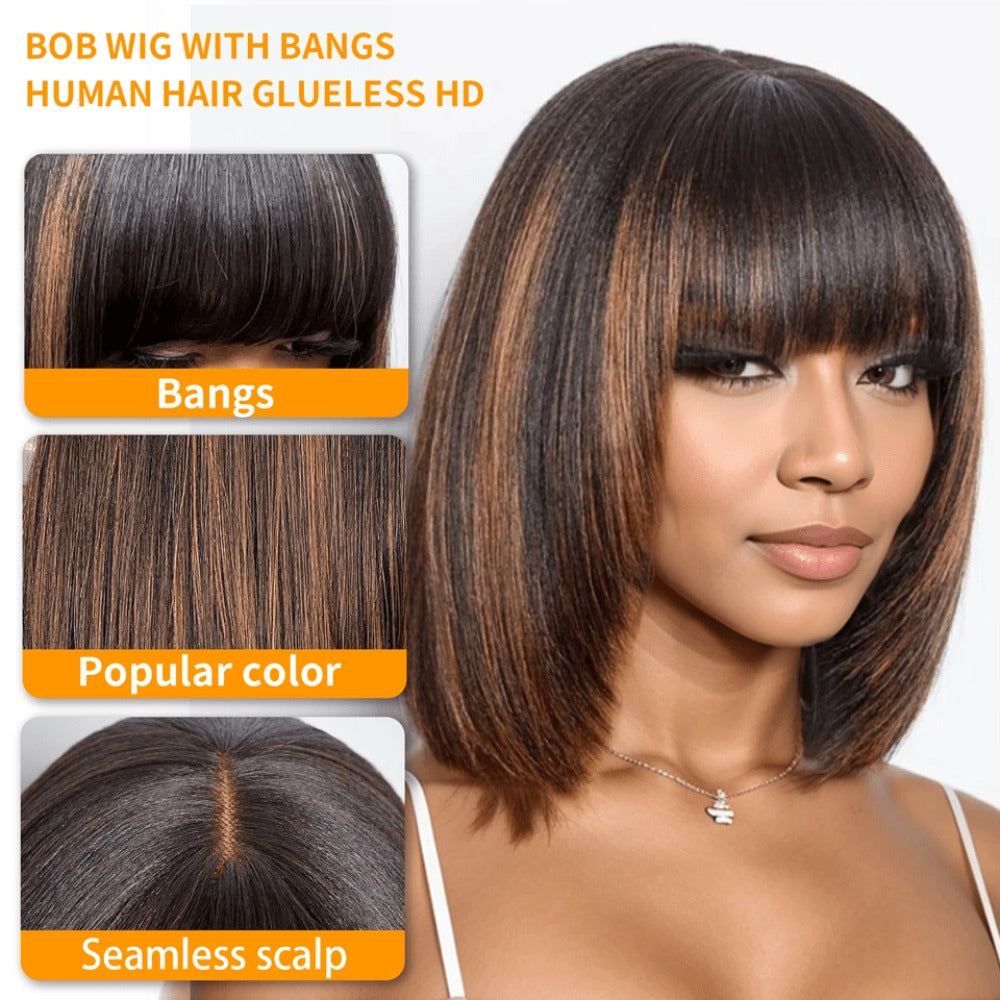 Straight Bob Wig with Bangs Human Hair 3x1 Lace Part Pre-Plucked Glueless Brazilian Short Bob 150 Density 1B/30 Highlight Natural Black 10-12 Inch Women - product image 2