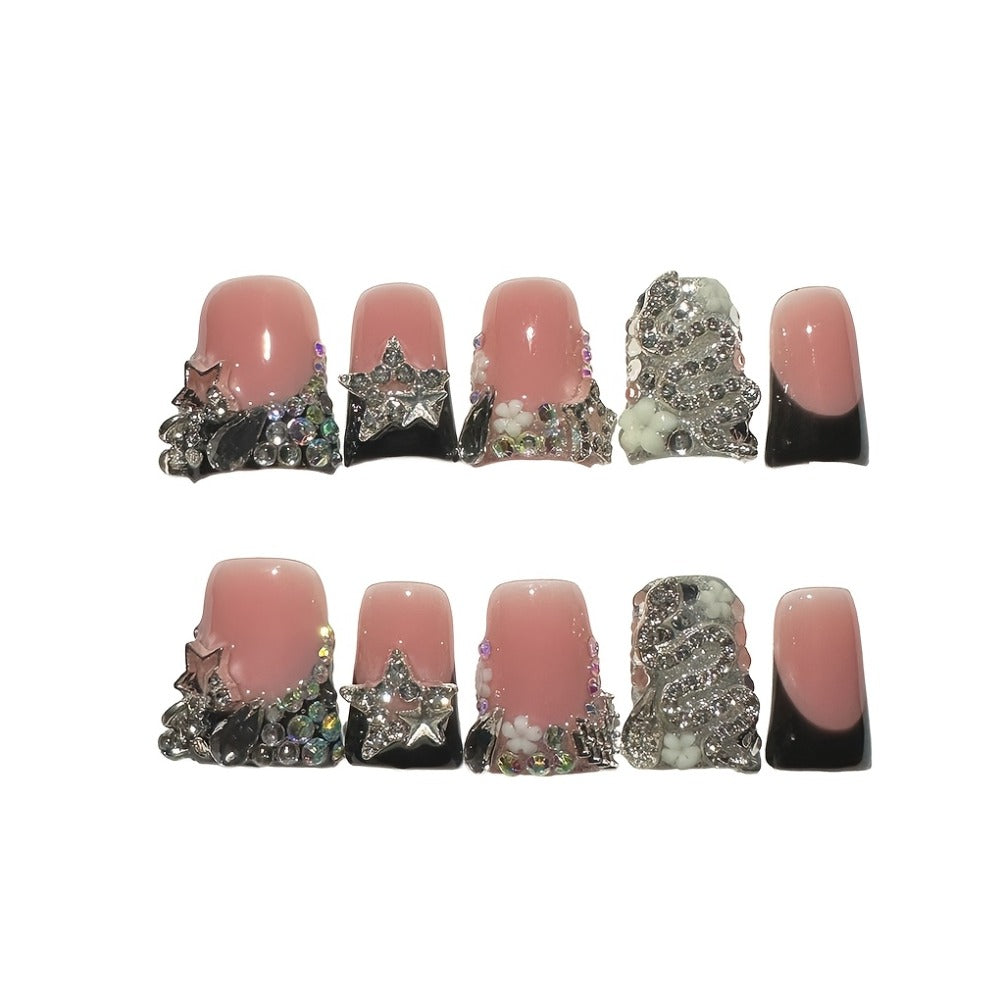 Short Press On Nails Black French Tip 10pcs Duckbill Silvery Snake Full Diamond Shiny Stars Handmade Reusable UV Protected Salon Quality for Wedding Party Birthday Gift False Nails - product image 6