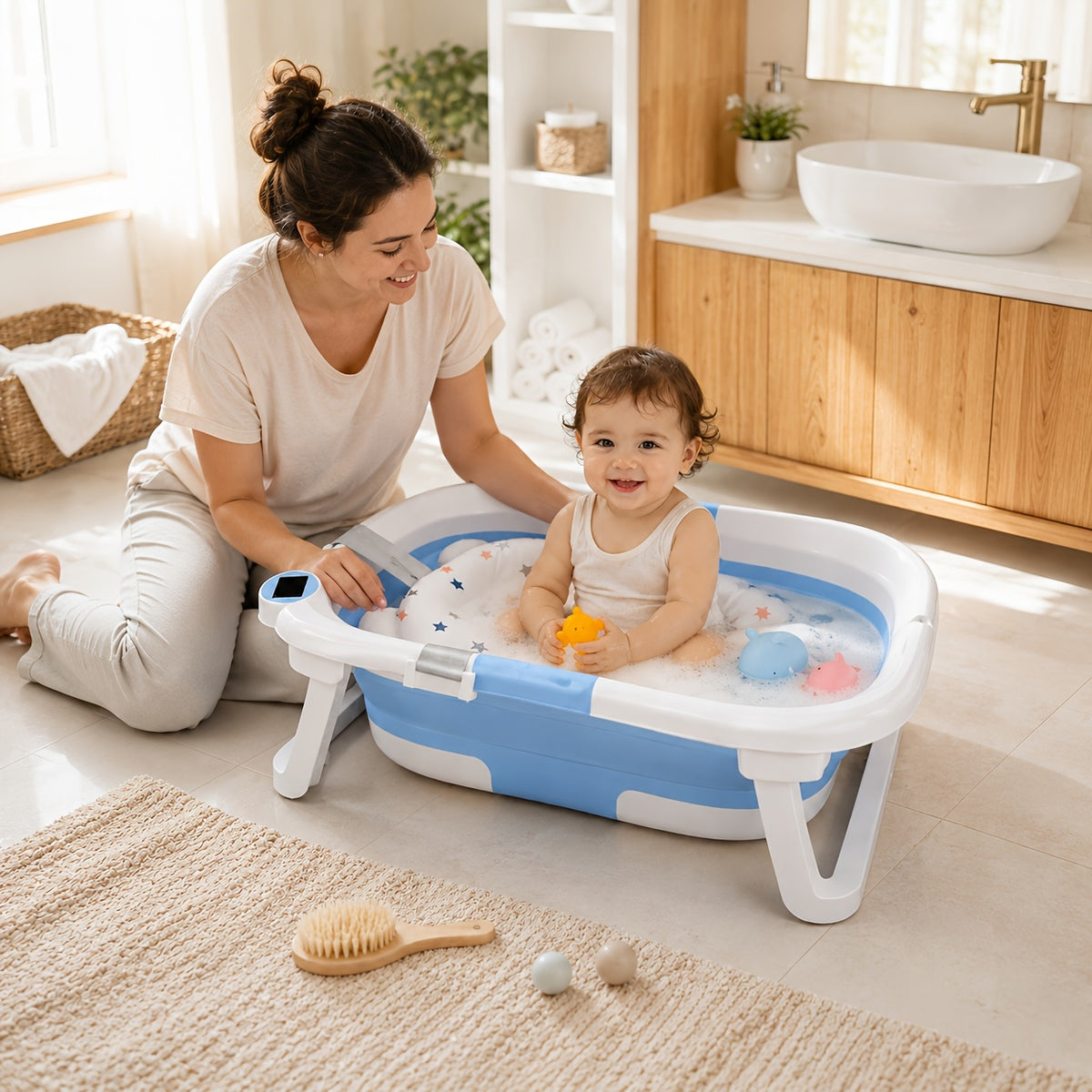 Foldable Baby Bathtub, Baby Tub with Soft Cushion and Thermometer, Portable Travel Baby Bathtub