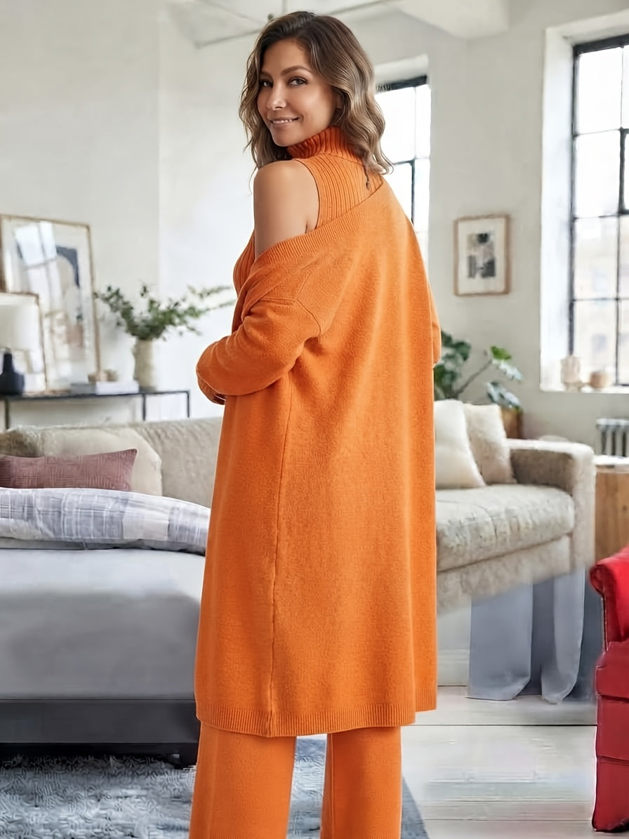 Genuine - Women's Autumn and Winter New Loose Set: Long Wide-Leg Pants + Shawl Cardigan + High-Collar Sweater Vest Fashion Three-Piece Set - product image 17