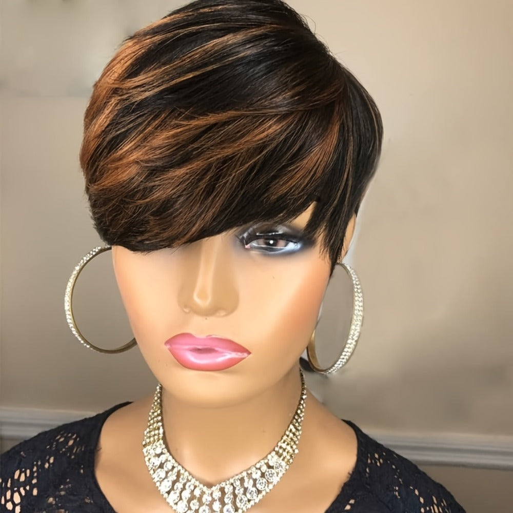 Short Pixie Cut Wig with Bangs Black Blonde Layered 4 Inch Rose Net Cap | Brown Blonde Mix Synthetic Wig for Black Women Daily Wear Office Party - product image 8