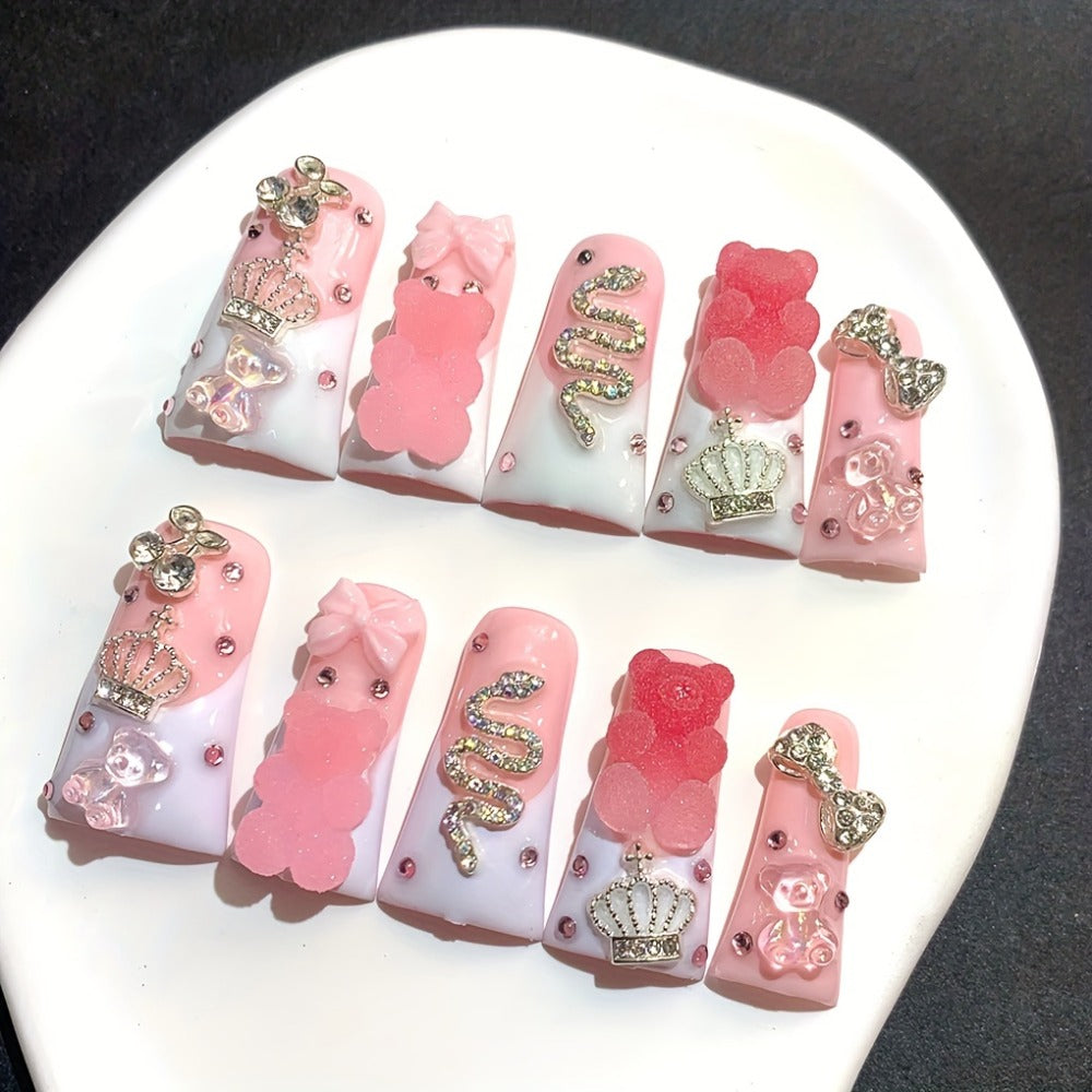 French Tip Press On Nails 10pcs Long Duckbill Pink White Glitter AB Glass Rhinestone – Cute Sugar Bear Cartoon Handmade Wearable False Nails for Wedding, Party, Back to School, Gif - product image 3
