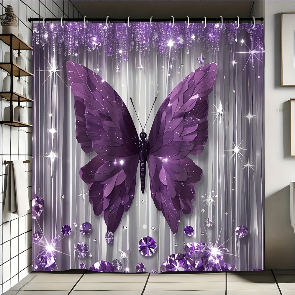 Shower Curtain Set Diamond Butterfly Print 70.8x70.8 Inch - 4 Piece Bathroom Set with U-Shape Toilet Seat Cover Non-Slip Rug 12 Hooks Machine Washable | Cyan Purple Pink | All Seas - product image 2