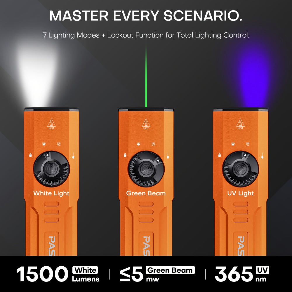 Tactical Flashlight Green Laser UV 3-in-1 | 1500 Lumen Slim EDC Multi-Function Light with White Light + UV365 Ultraviolet + Green Laser Beam | USB Rechargeable for Home Outdoor Dai - product image 2