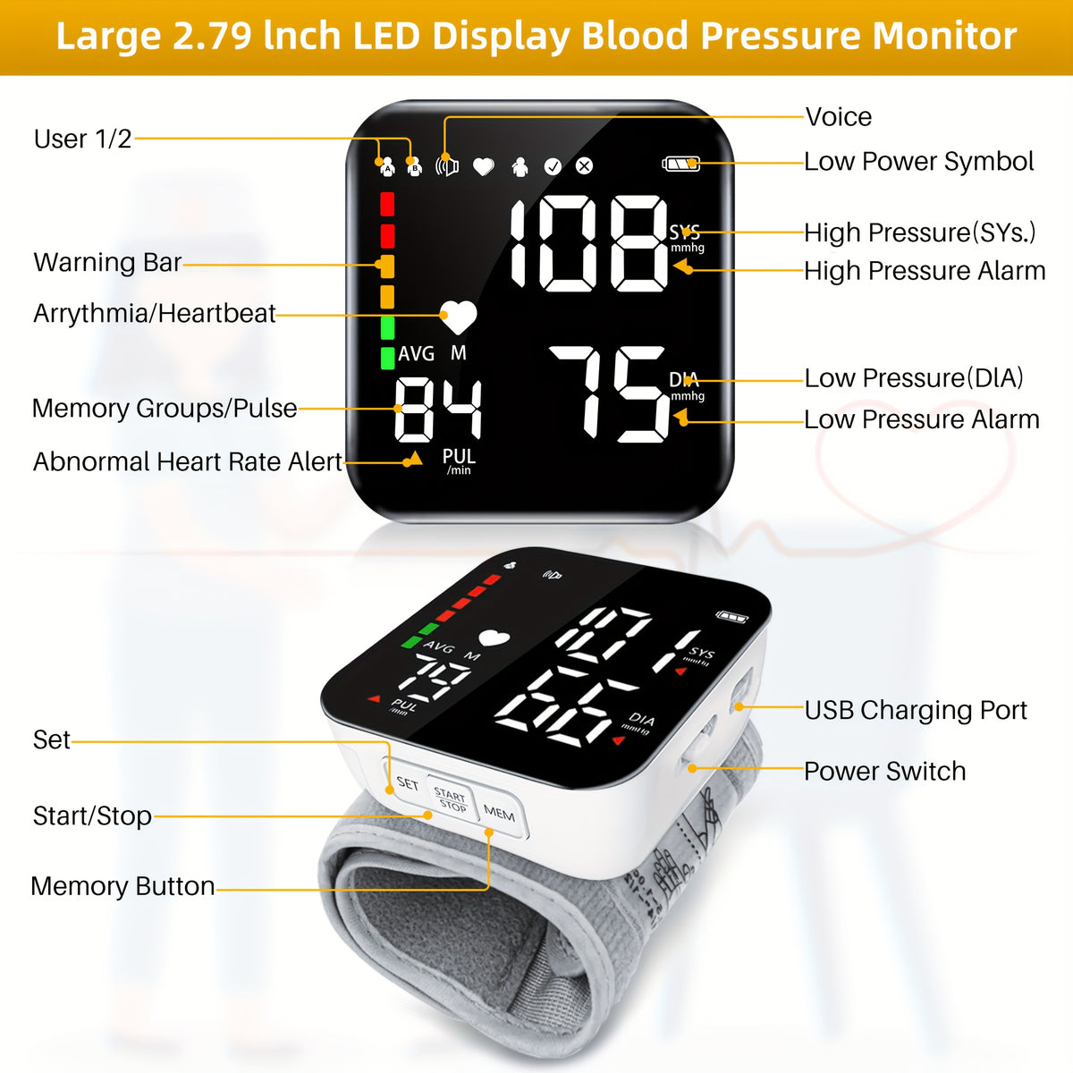 Automatic Wrist Blood Pressure Monitor with Large LCD Screen - Digital Blood Pressure Cuff with Hypertension Detector, Heart Rate & Pulse Meter - product image 10