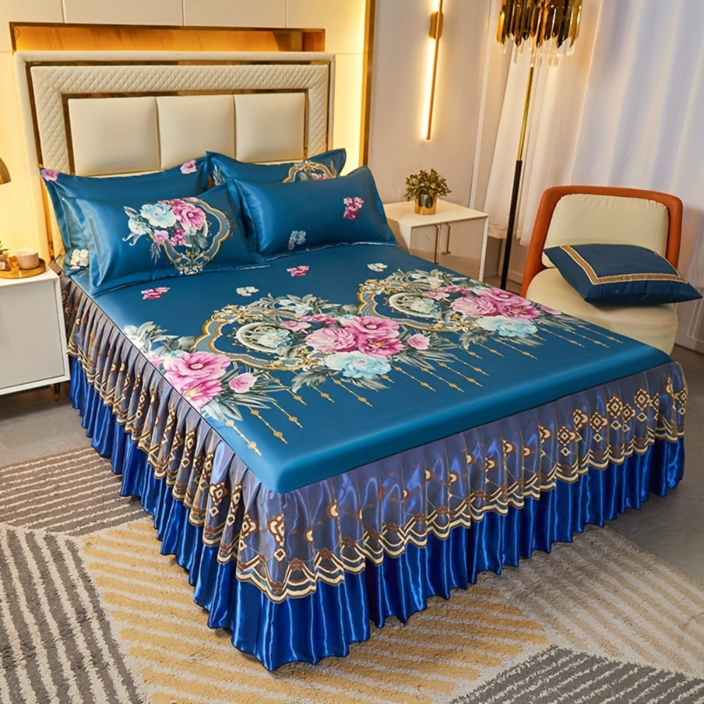 Floral Ruffle Bed Skirt Cool Mat 3 Piece Set with Pillowcase, Double Layer 360° Full Wrap Washable Cooling Mattress Cover, Breathable Summer Bedding Set for Twin Full Queen King, P - product image 10