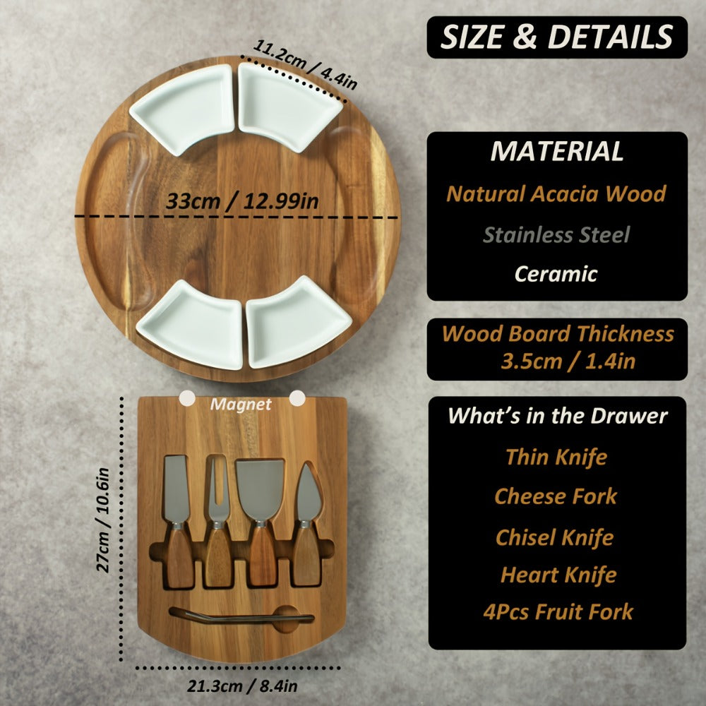 Acacia Wood Charcuterie Board Set Circular Cheese Board with Drawer Knife Set & Ceramic Bowls | Premium Serving Platter Gift Set for Housewarming Bridal Shower Wedding Birthday Wom - product image 6