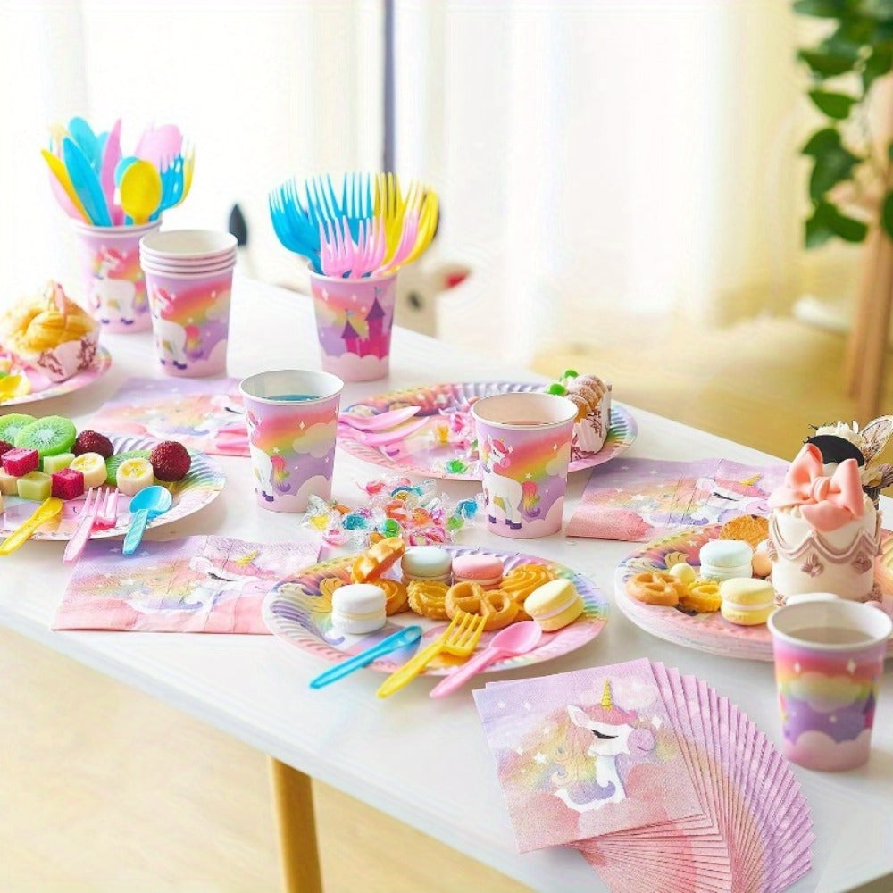 Disposable Tableware Set with Plates Cups Napkins Cutlery & Happy Birthday Banner for Unicorn Theme Birthday Party Decorations & Celebrations – Unicorn Party Supplies 145 Pcs for 24 Guests