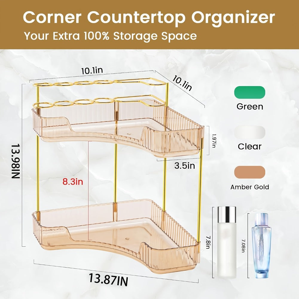 Bathroom Corner Shelf Organizer 2-in-1 Tiered Makeup Skincare Storage with Brush Holder No-Tool Install Space-Saving Countertop Vanity Dresser Kitchen Organizer Women - product image 5