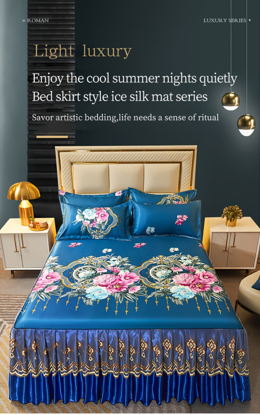 Floral Ruffle Bed Skirt Cool Mat 3 Piece Set with Pillowcase, Double Layer 360° Full Wrap Washable Cooling Mattress Cover, Breathable Summer Bedding Set for Twin Full Queen King, P - product image 20