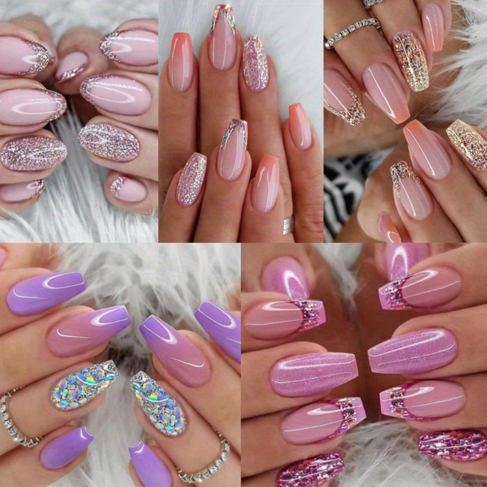 Glitter Sequin Press On Nails 120pcs Coffin Medium Length 5 Packs – Sparkling Pinkish Purple Glossy Full Cover False Nails | Glamorous Nail Art Kit for Women | Party Wedding Bridal - product image 8