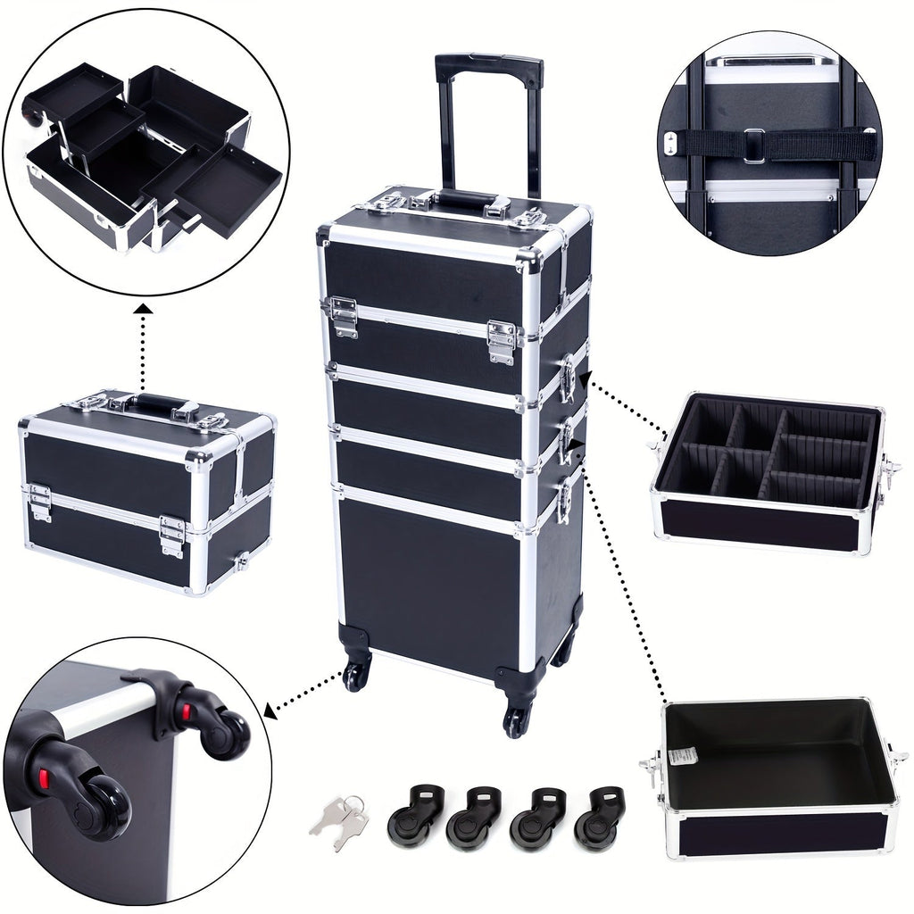 Rolling Makeup Case Aluminum 4-in-1 Extra Large Professional Cosmetic Trolley with 360° Swivel Wheels for Makeup Artist Tattoo Artist Salon Travel Black Pink Silver - product image 15