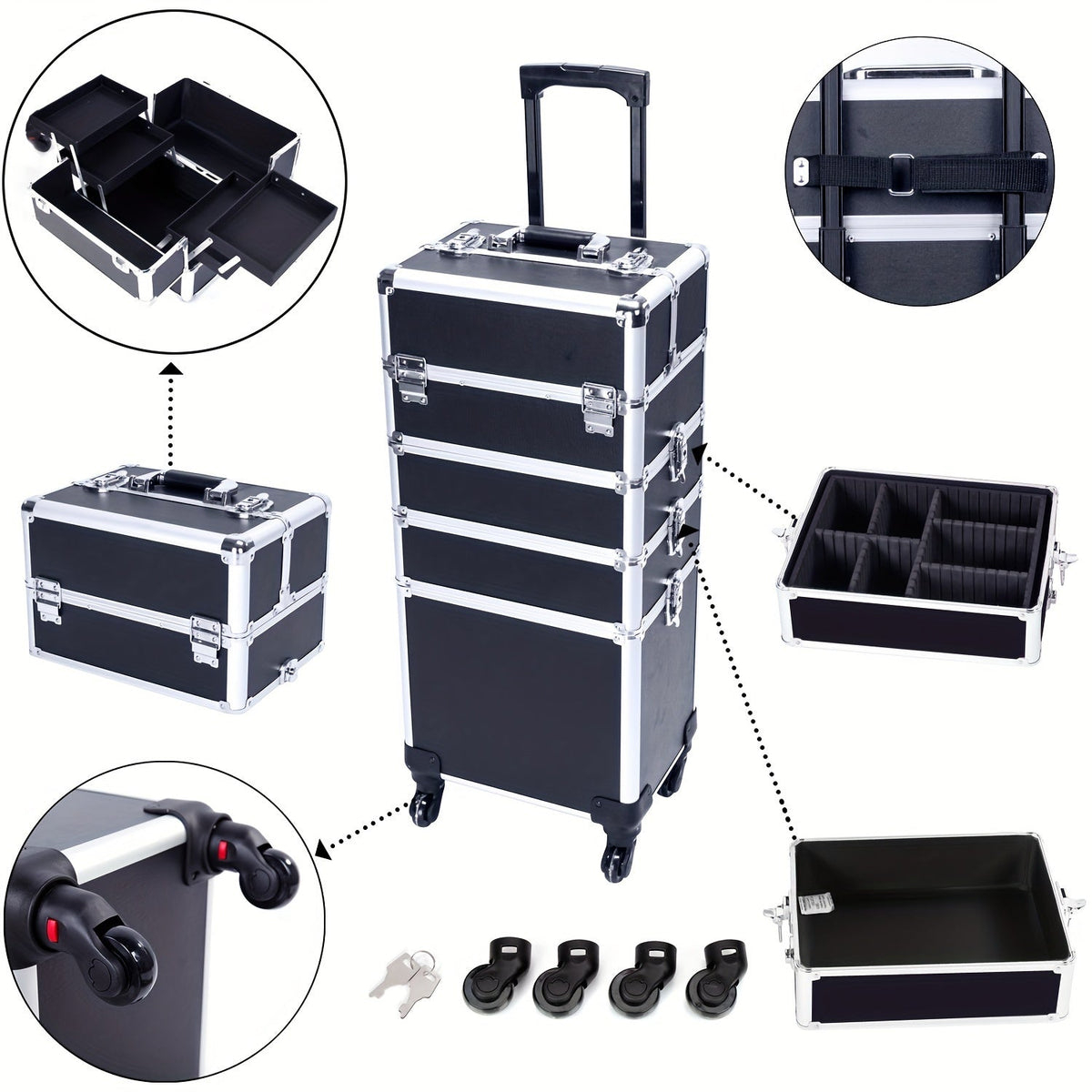 Rolling Makeup Case Aluminum 4-in-1 Extra Large Professional Cosmetic Trolley with 360° Swivel Wheels for Makeup Artist Tattoo Artist Salon Travel Black Pink Silver - product image 15
